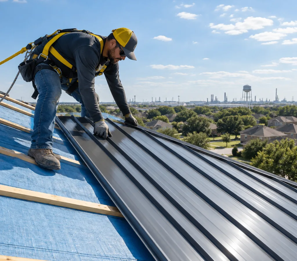 Installer placing metal roof panels on a Beaumont home with underlayment visible and fall protection in use