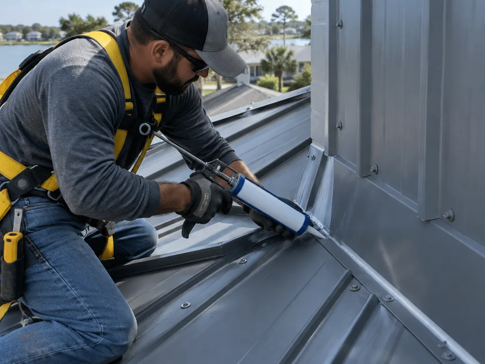 Correctly installed residential metal roof valley and wall flashing with sealed fasteners