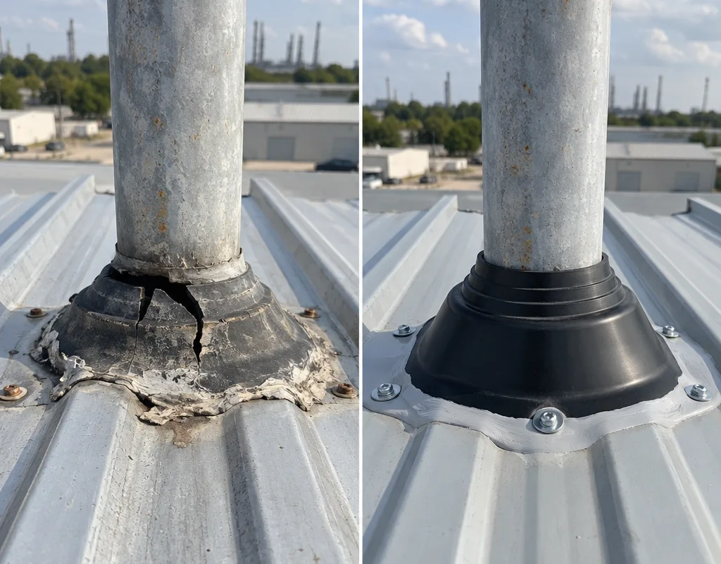Before and after view of a cracked pipe boot replaced and sealed to match the metal panel profile