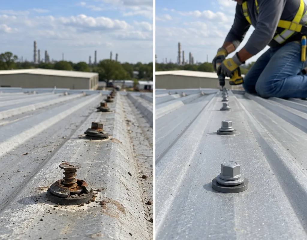 Before and after view of backed-out metal roof screws replaced with correctly seated fasteners and cleaned shavings