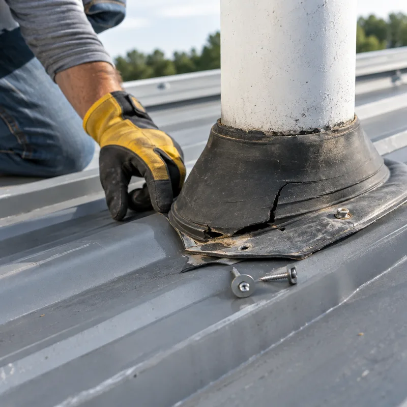 Worn pipe boot and loose fasteners at a metal roof penetration showing a potential water entry point