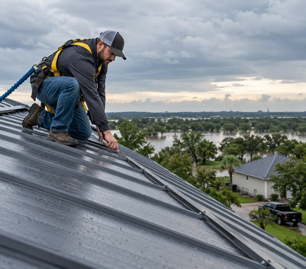 Technician inspecting a metal roof panel seam and fasteners after a Beaumont storm while wearing fall protection