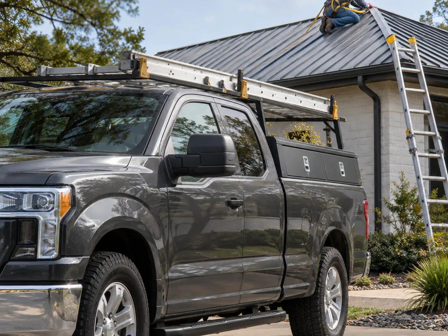 Technician re-securing a metal roof ridge cap and checking closure strips with organized tools and safety setup
