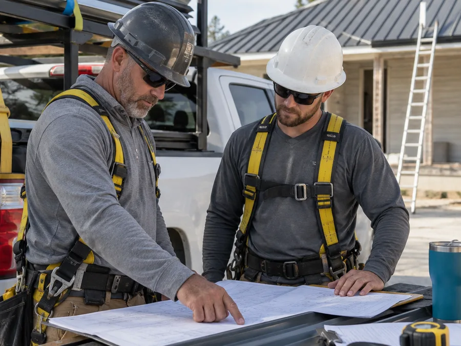 Two-person roofing crew in safety gear reviewing roof plans and materials beside a work truck in Beaumont